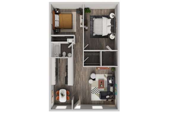 A top down view of a small apartment with a kitchen, living room, and bathroom.