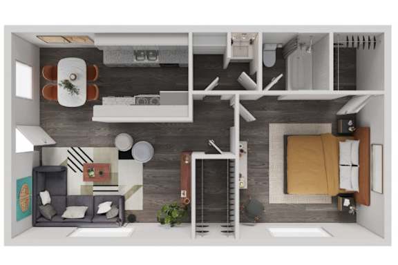 A modern apartment layout with a living room, kitchen, and bathroom.