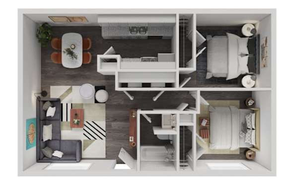 A top-down view of a small apartment with a living room, kitchen, and bedroom.
