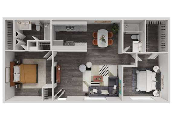A top-down view of a modern apartment layout with a kitchen, living room, and bedrooms.