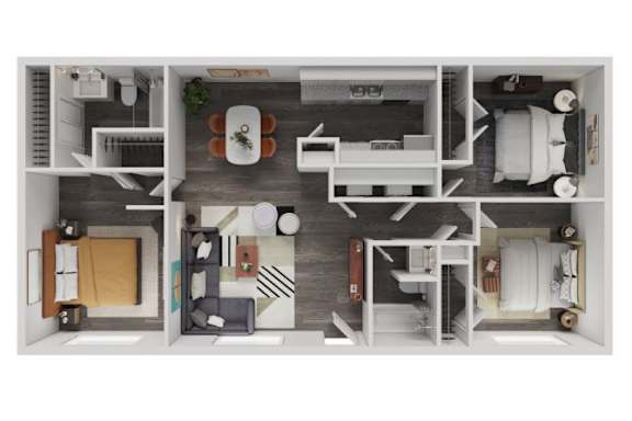 A top-down view of a small apartment with a kitchen, living room, and bedroom.