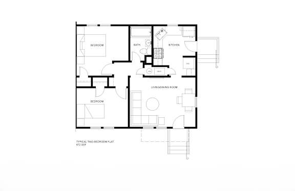A black and white image of a two bedroom flat layout.