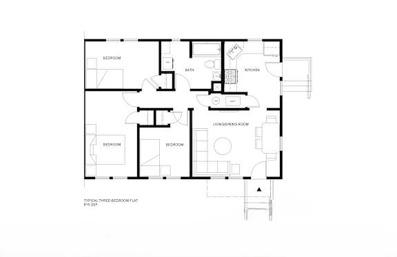 A floor plan of a typical three-bedroom flat with an 85 sq.ft living/dining room.