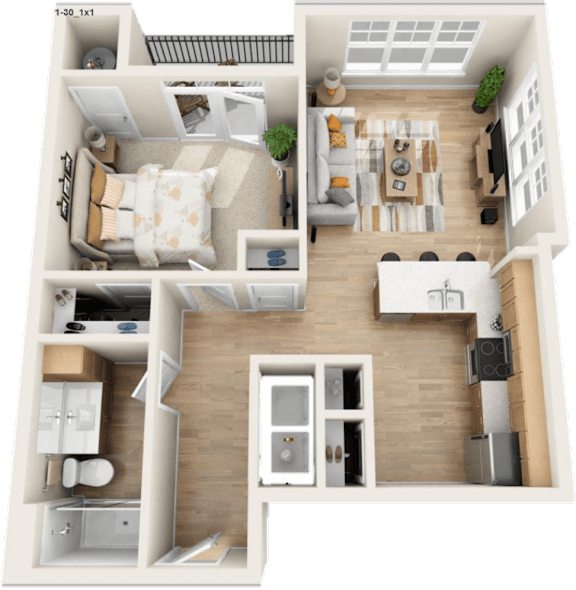 A 3D floor plan of a small apartment with a living room, kitchen, and bedroom.