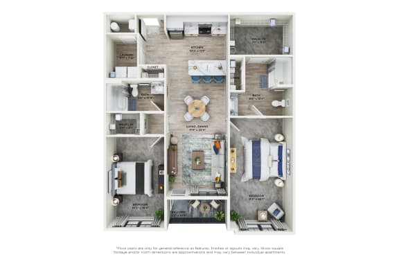 a floor plan of a 1 bedroom unit with 2 baths