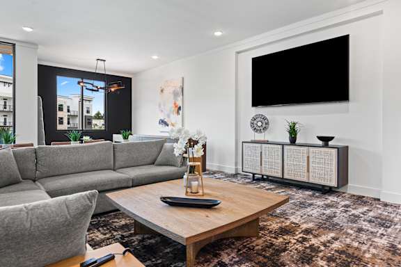 Modern living room with TV at Views at Flowers, Clayton, NC, 27527