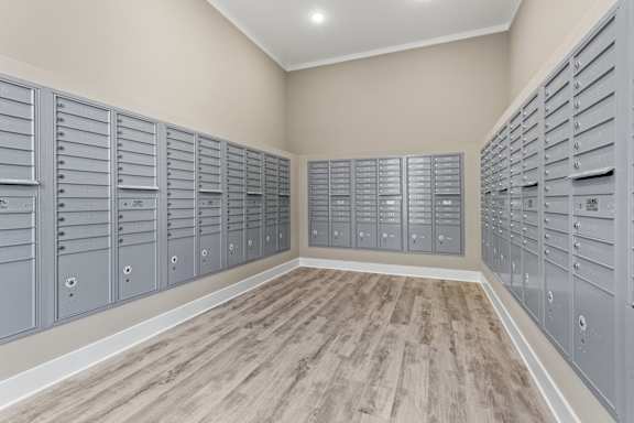 Mail room with mail boxes at Views at Flowers, Clayton