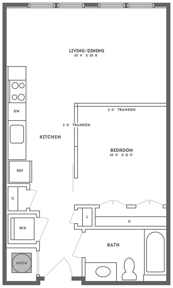 One bedroom one bathroom apartment floor plan at The Shelby Apartments, Virginia