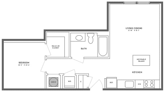 One bedroom one bathroom apartment layout at The Shelby Apartments, Virginia, 22303