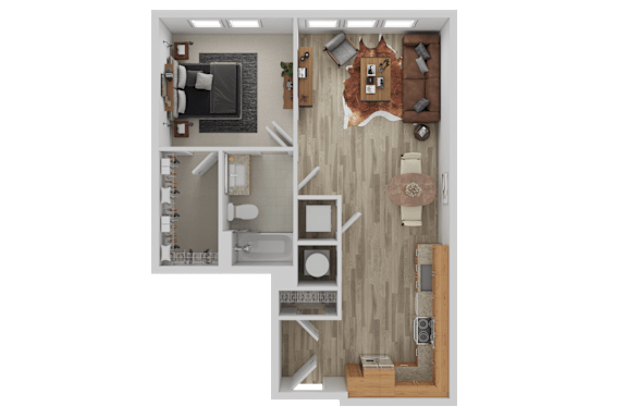 3D 1 bedroom apartment floor plan at The Shelby Apartments, Alexandria, VA