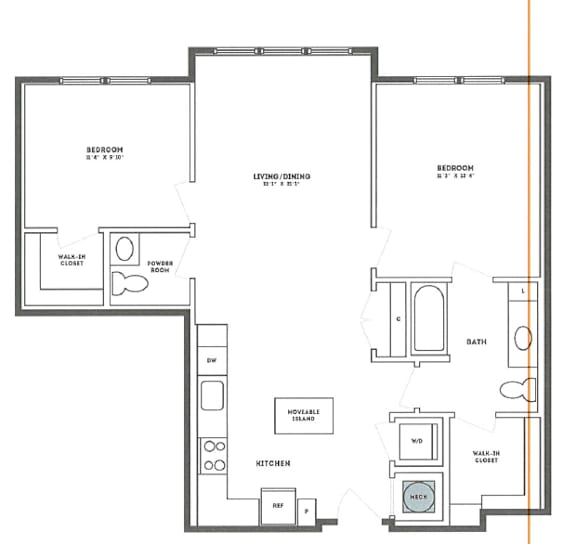 Two bedroom two bathroom floor plan with walk-in closets at The Shelby Apartments, Alexandria, Virginia