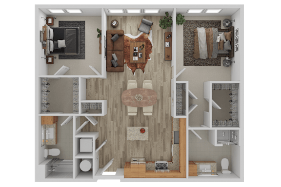 3D two bedroom apartment floor plan with open concept living at The Shelby Apartments, Alexandria