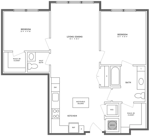 Two bedroom two bathroom apartment floor plan at The Shelby Apartments, Virginia, 22303