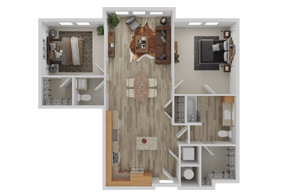 Two bedroom two bathroom 3D floor plan at The Shelby Apartments, Alexandria, VA 22303