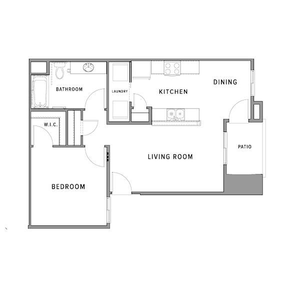 A floor plan of a living space with a bedroom, kitchen, dining area, and bathroom.