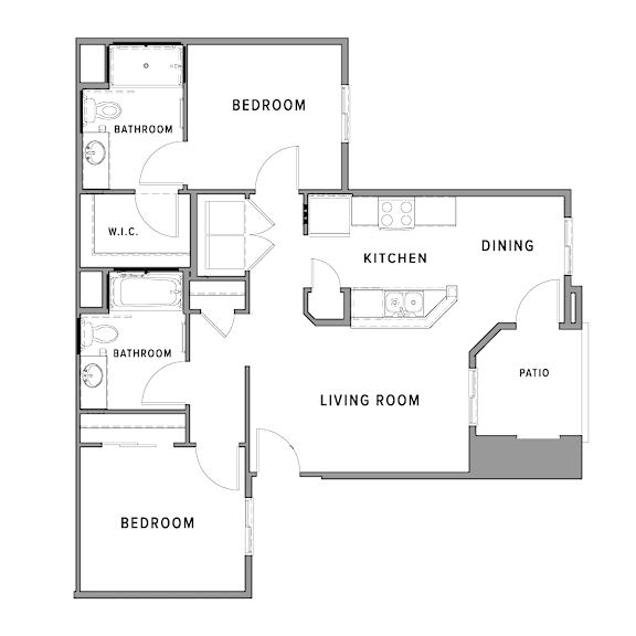 A floor plan of a house with a living room, kitchen, dining area, and three bedrooms.