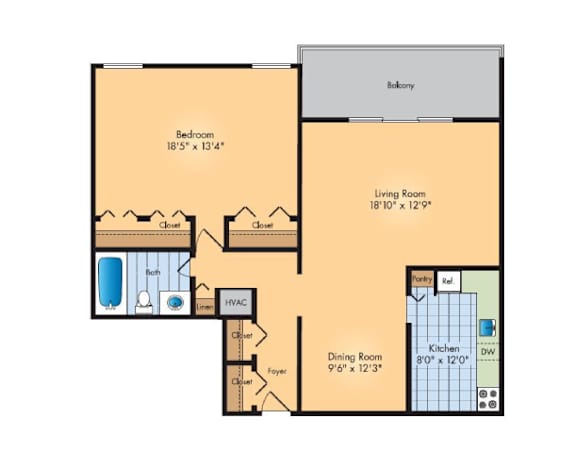 1Bed 1Bath Floor Plan at Waterford Tower Silver Spring, LLC, Silver Spring