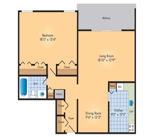 1Bedroom 1Bathroom Floor Plan at Waterford Tower Silver Spring, LLC, Maryland