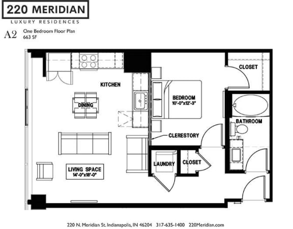 A2 Floor Plan at 220 Meridian, Indianapolis, 46204