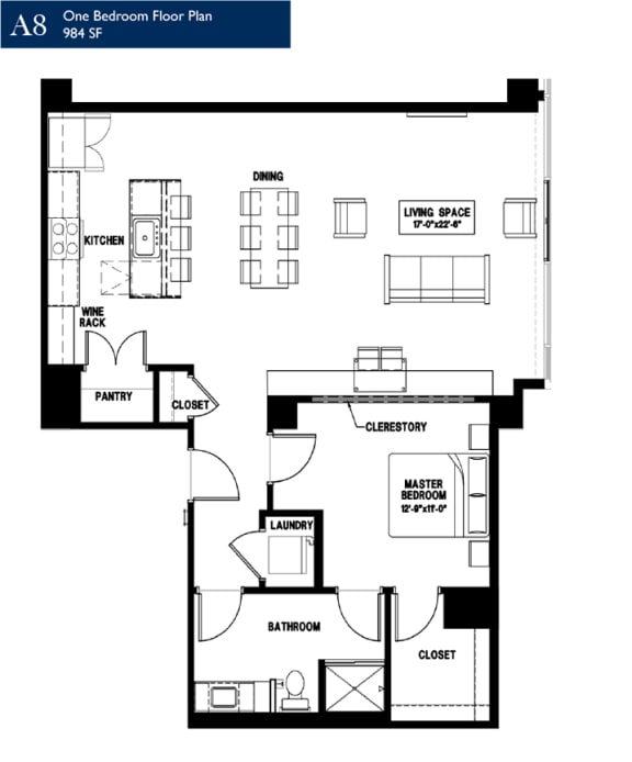 One Bedroom Floor Plan at 220 Meridian, Indianapolis, IN, 46204