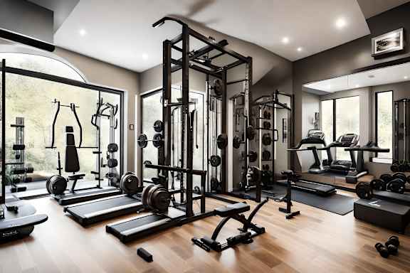 A well-equipped gym with a variety of exercise machines and weights.