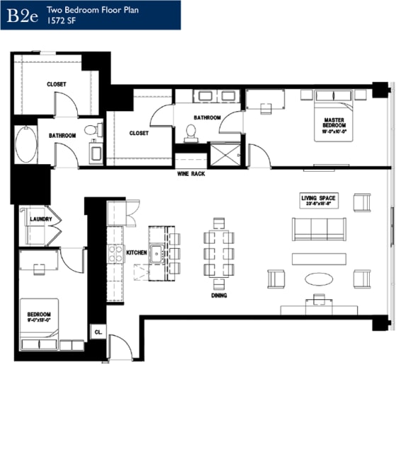 Two Bedroom Floor Plan at 220 Meridian, Indianapolis, Indiana