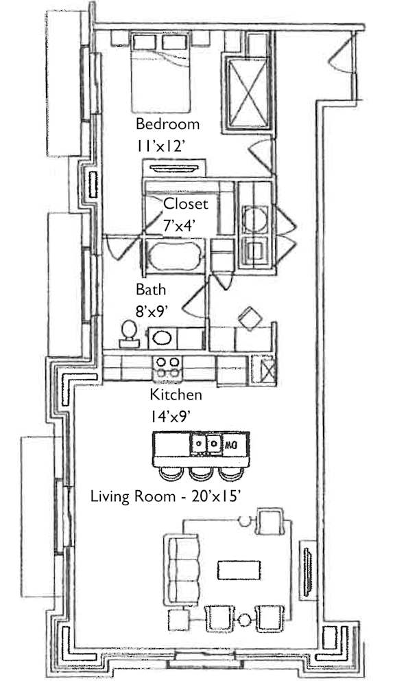 A floor plan of a small apartment with a bedroom, living room, kitchen, and bathroom.