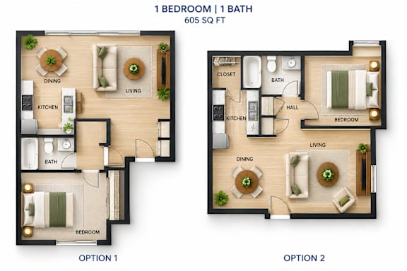 A floor plan shows two options for a 605 square foot 1 bedroom 1 bath apartment.