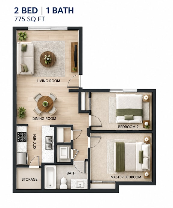 A 2 bedroom, 1 bathroom apartment is 775 square feet.