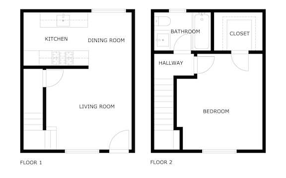 A black and white image of a floor plan for a two-story house.