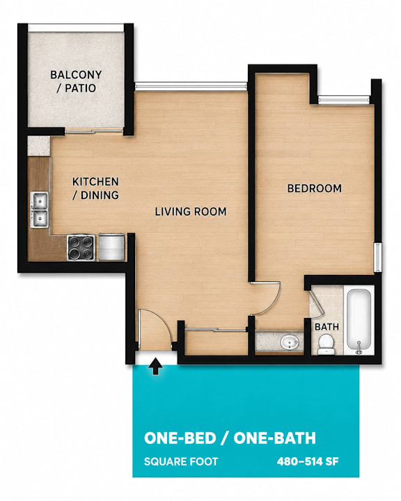 A one-bedroom apartment layout with a living room, kitchen, and bathroom.