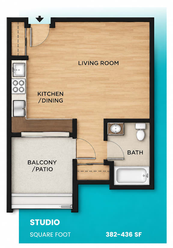 A diagram of a house layout with a living room, kitchen, bath, and balcony.