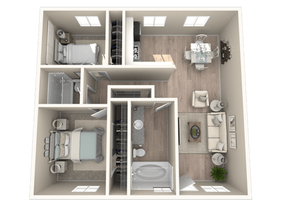 a 3d rendering of a bedroom with a bathroom and a toilet at Sunnymead Apts Apartments, California