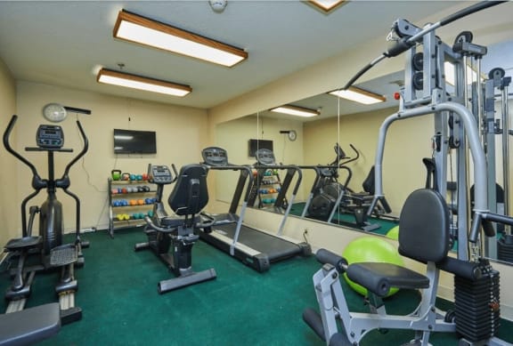 a gym with weights and other exercise equipment in a home gym at Huntington Terrace North Senior, California