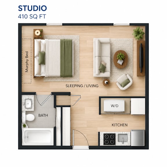 A floor plan of a 410 square foot studio apartment.