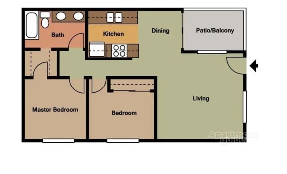 2 bedroom 1 bathroom floor plan at Terramonte Apartment Homes, Pomona, California