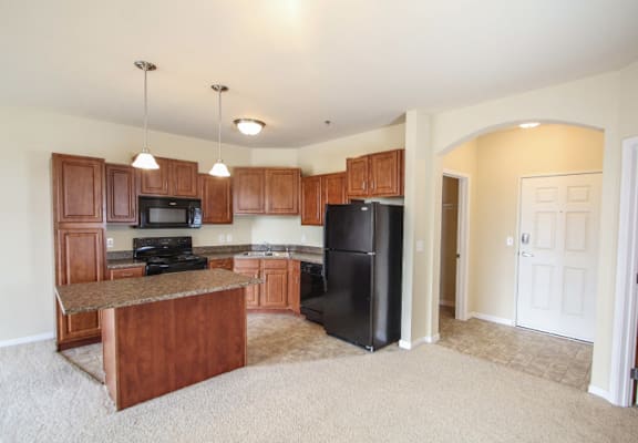 A kitchen with a black refrigerator and wooden cabinets.
