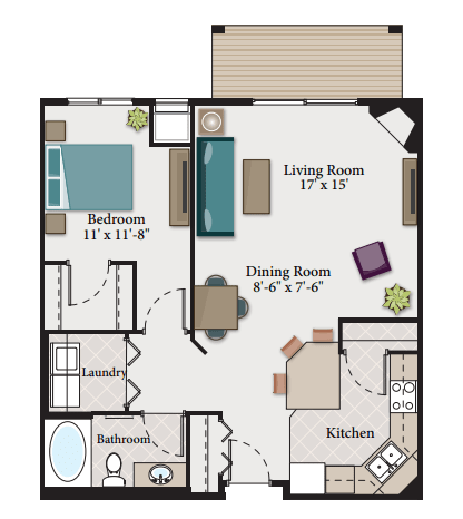 A floor plan of a small apartment with a living room, dining room, kitchen, bedroom, and bathroom.