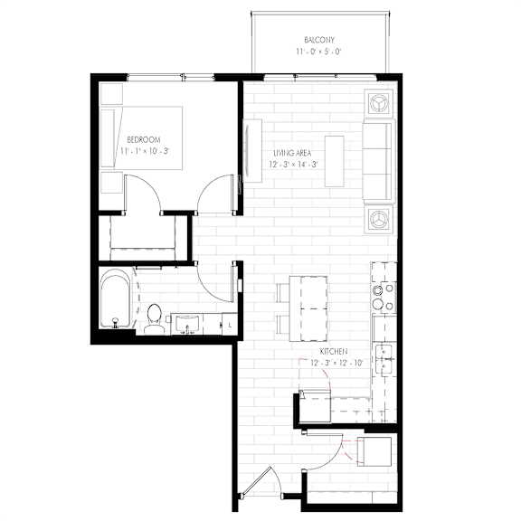 A floor plan of a house with a balcony, bedroom, and kitchen.