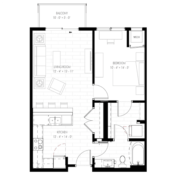 A floor plan of a house with a balcony, living room, bedroom, and kitchen.