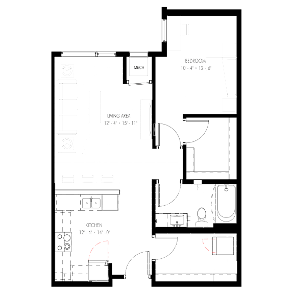 A floor plan of a house with a living area, kitchen, and bedroom.