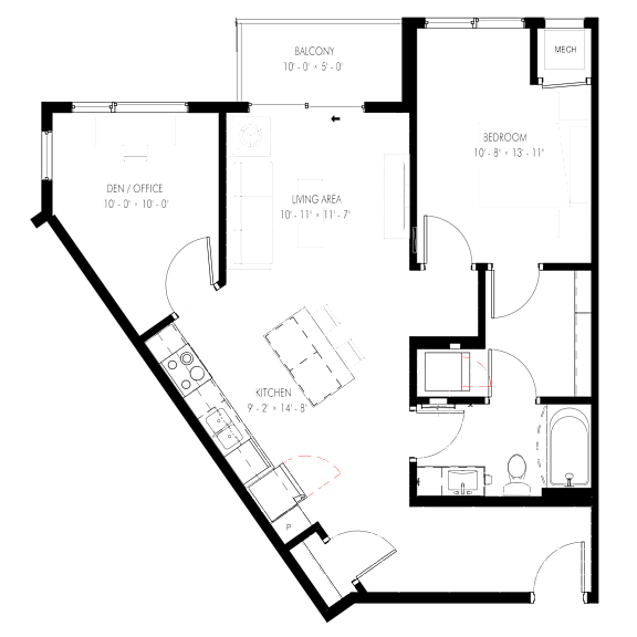 A floor plan of a building with a den/office, kitchen, living area, and bedrooms.