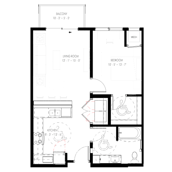 A floor plan of an apartment with a living room, bedroom, kitchen, and bathroom.