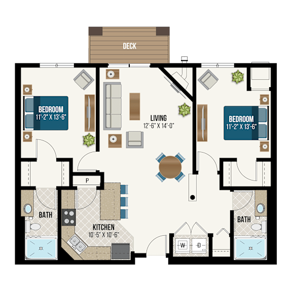 A floor plan of a house with two bedrooms, a living room, a kitchen, a bathroom, and a deck.