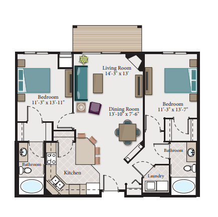 A floor plan of a house with a living room, two bedrooms, a dining room, a kitchen, a bathroom, and a laundry area.