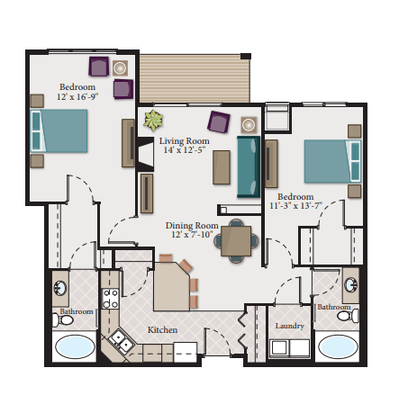 A floor plan of a house with a living room, dining room, kitchen, two bedrooms, and two bathrooms.