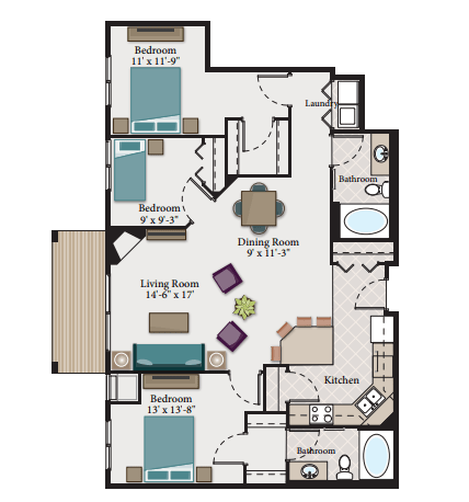 A floor plan of a house with a living room, two bedrooms, a dining room, a kitchen, and two bathrooms.