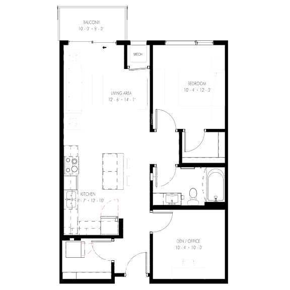 A floor plan of a house with labeled rooms such as Bedroom, Living Area, Kitchen, and Den/Office.
