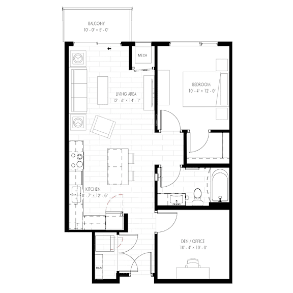 A floor plan of an apartment with a living area, kitchen, bedroom, and den/office.