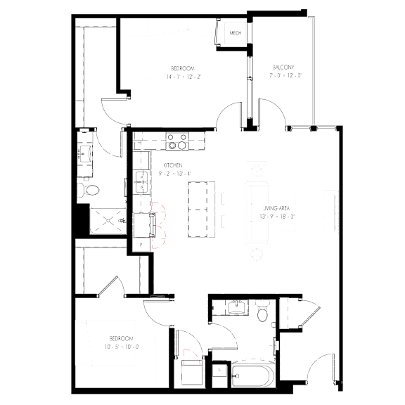 A floor plan of a building with labeled rooms such as "Kitchen" and "Living Area".